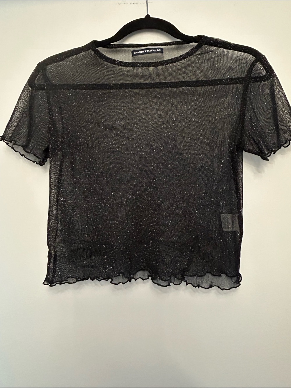 Brandy Melville Black Sheer Short-Sleeve Sparkle Mesh Top